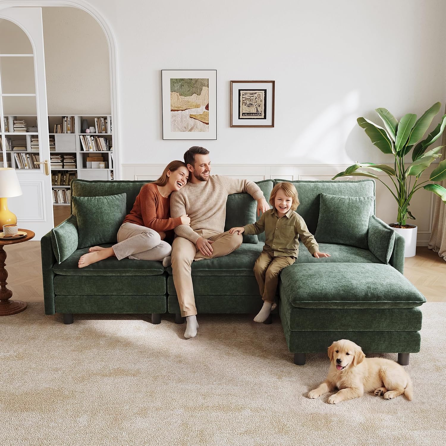 LINSY HOME 98'' Modular Sectional Sofa 3 Seat Couch Chenille Cloud Couch with Deep Seat, L Shaped Couch with 1 Movable Ottoman for Living Room, Office, Bedroom, Green(Pillows Included)