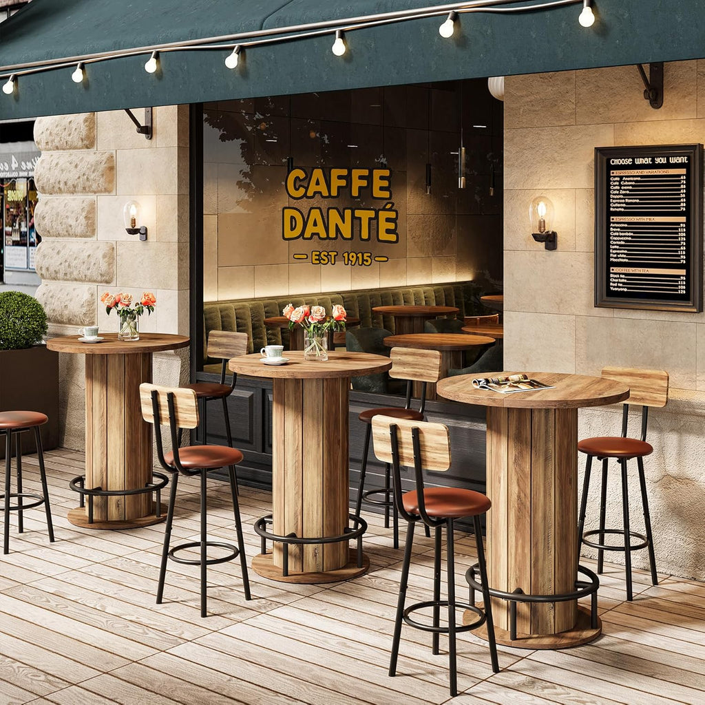 Tribesigns Round Dining Table, Bar Height Commercial Kitchen Table with Wood Strip Base and Footrest, for Dining Room, Restaurant, Cafe, Bakery, School, Apartment, Brown (Only Table)