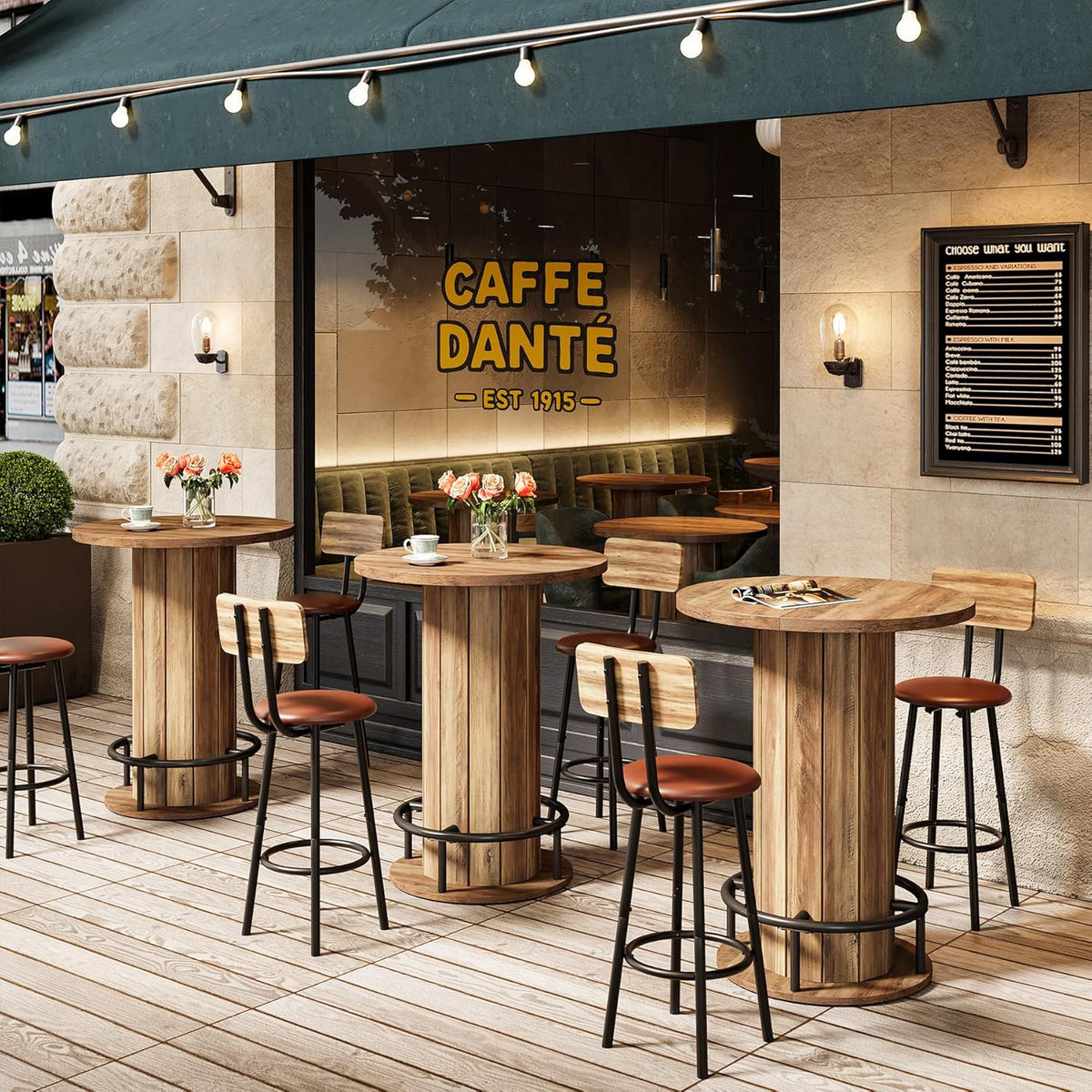 Tribesigns Round Dining Table, Bar Height Commercial Kitchen Table with Wood Strip Base and Footrest, for Dining Room, Restaurant, Cafe, Bakery, School, Apartment, Brown (Only Table)