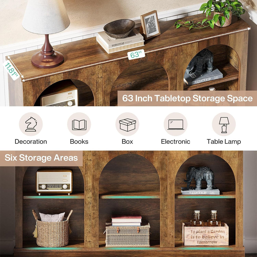 Tribesigns Arched Console Table, 63" Wooden Entryway Table with Storage | Farmhouse Long 3-Tier Sofa Table Behind The Couch for Entrance, Hallway, Living Room, Foyer, Brown