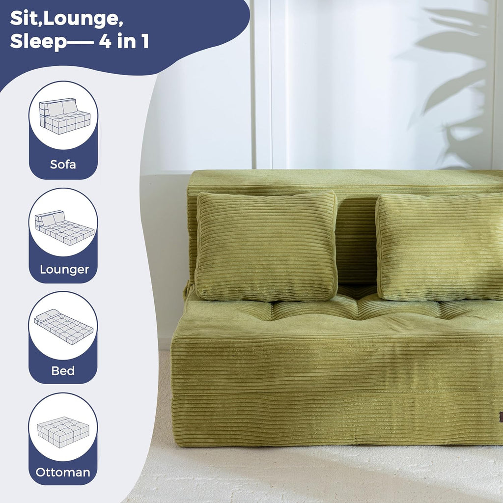 MAXYOYO Convertible Sofa Bed, Fold Out Loveseat Sofa Couch with Pillow, 4 in 1 Tufted Folding Couch Bed Foam Floor Couch, Lazy Chair for Living Room Bedroom Guest Room, Green