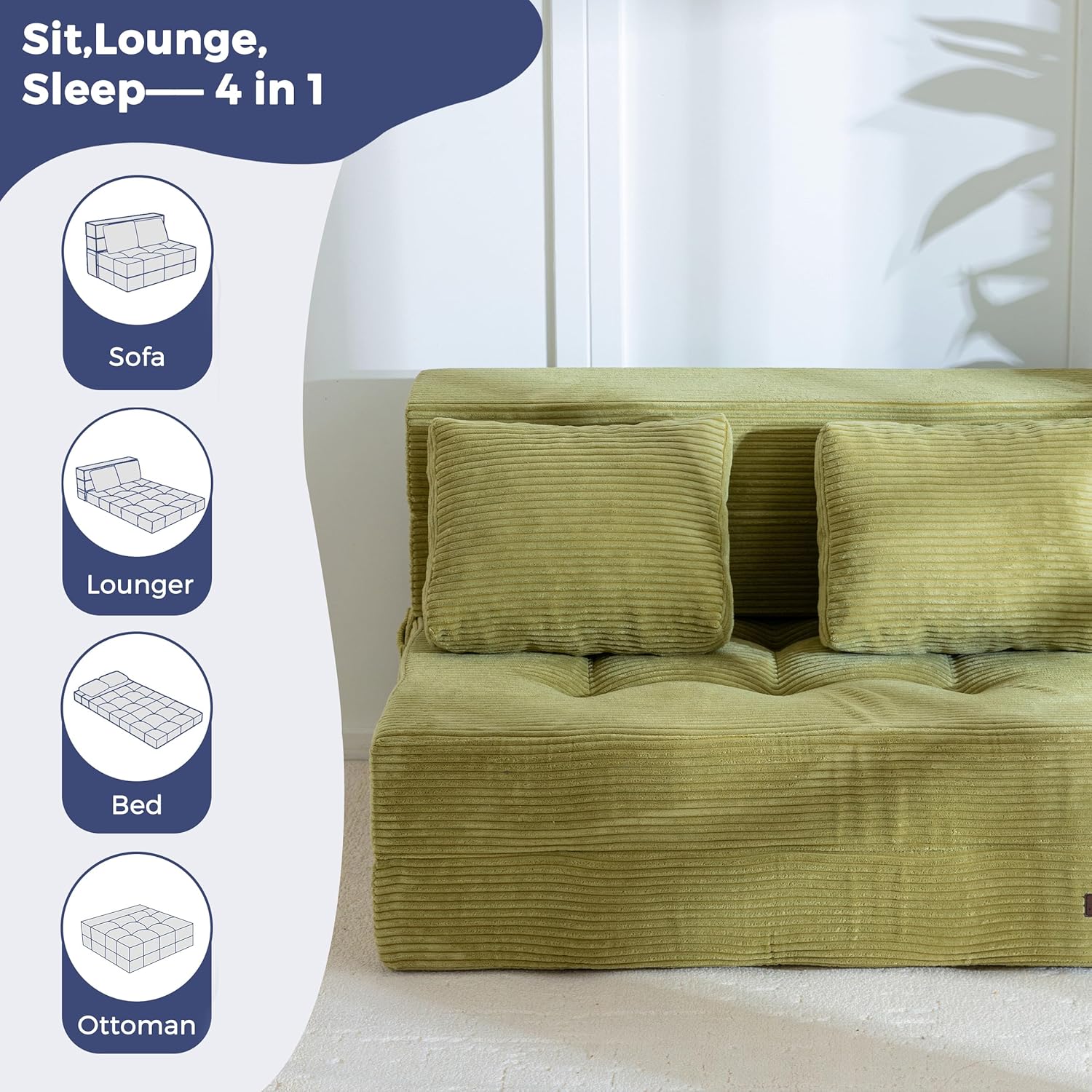 MAXYOYO Convertible Sofa Bed, Fold Out Loveseat Sofa Couch with Pillow, 4 in 1 Tufted Folding Couch Bed Foam Floor Couch, Lazy Chair for Living Room Bedroom Guest Room, Green