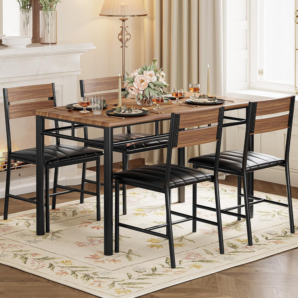 IRONCK Dining Table Set for 4, Walnut | Wood Kitchen Table with Upholstered Chairs for Kitchen Room and Small Spaces