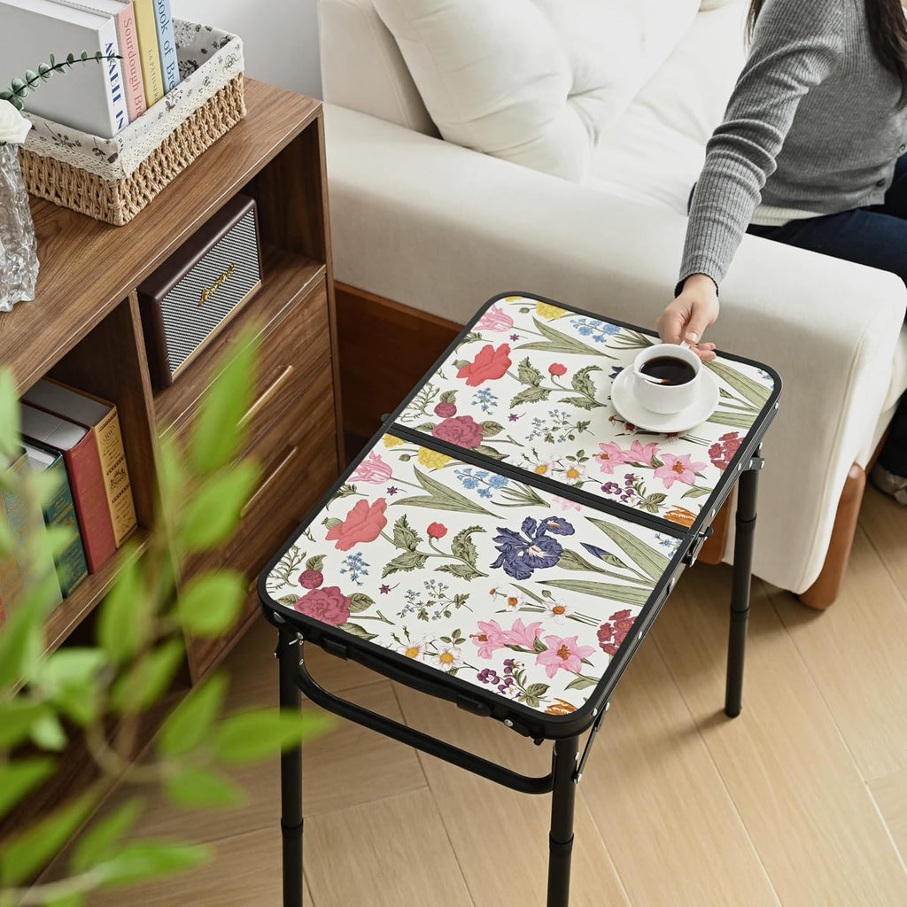 YihuiKo Small Camping Table, Vintage French Flowers Pattern Folding Table | Adjustable Height, Lightweight Portable Folding Table for Patio Living Room Travel Picnic, Carry Handle, Storage Net