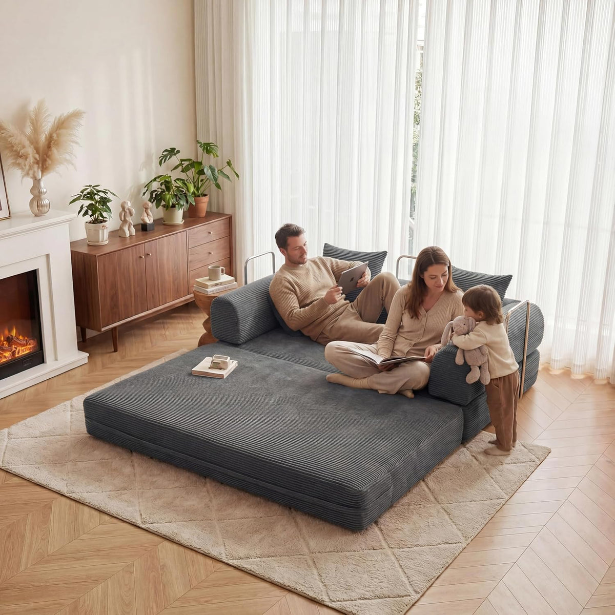 Futon Sofa Bed Modular Loveseat Sleeper Folding Pull Out Couch with Pillows, No Assembly Required Couch for Living Room Bedroom Guest Room (Grey, 53.15" Loveseat Sofa)