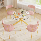 36" Round Dining Table Set for 4, Small Round Kitchen Table with 4 Boucle Dinner Chairs, Modern Circle 5 Piece Glass Dining Table with Metal Legs(Pink&Gold)