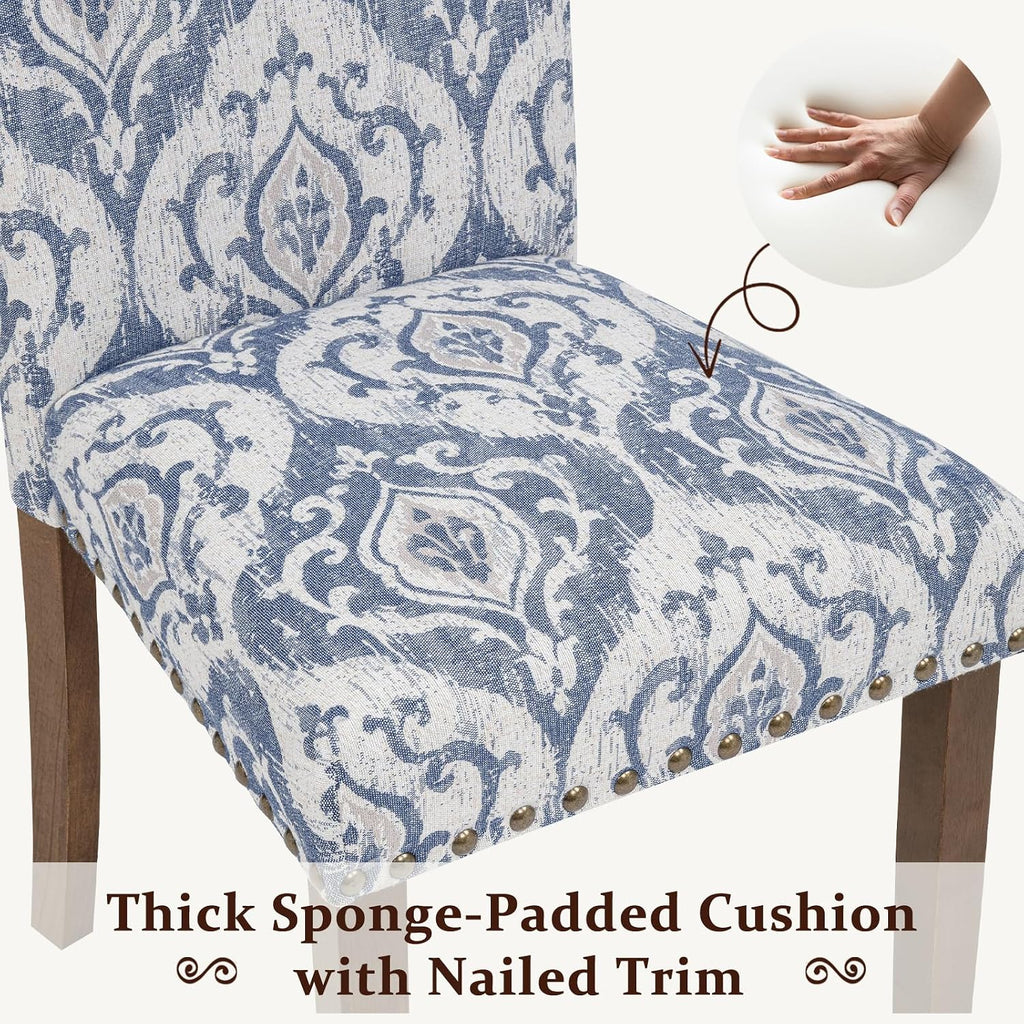 Furniliving Upholstered Dining Chairs Set of 2 - Line Fabric Modern Farmhouse Kitchen Chairs, High-Back Dining Room Chairs with Wooden Legs for Kitchen Dining Room Living Room.Floral Blue