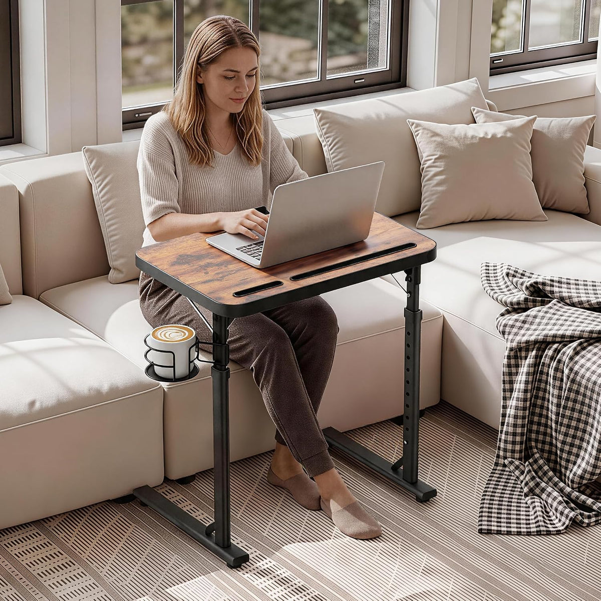 Kitstorack Large Adjustable TV Tray Table with Tilting Tabletop for Couch | Device slot, rotatable cup holder, magnetic edge stopper, folding design, for bed, laptop work, dining, gaming