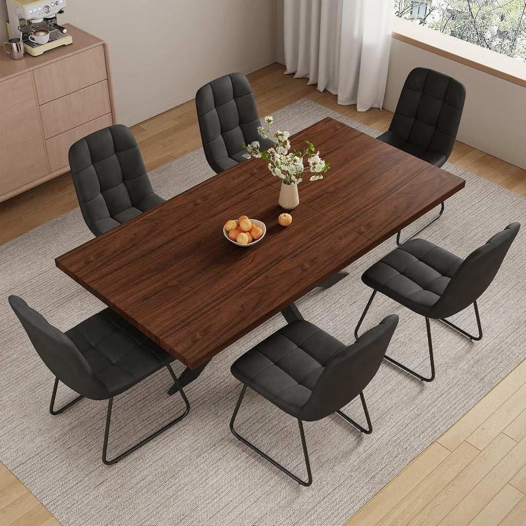 ZckyCine 7-Piece Dining Table Set with 51"-67" Extendable Walnut Wood Table and 6 PU Leather Chairs, Modern Rectangular Kitchen Table Set with Metal Legs, Seats 6, Easy Assembly