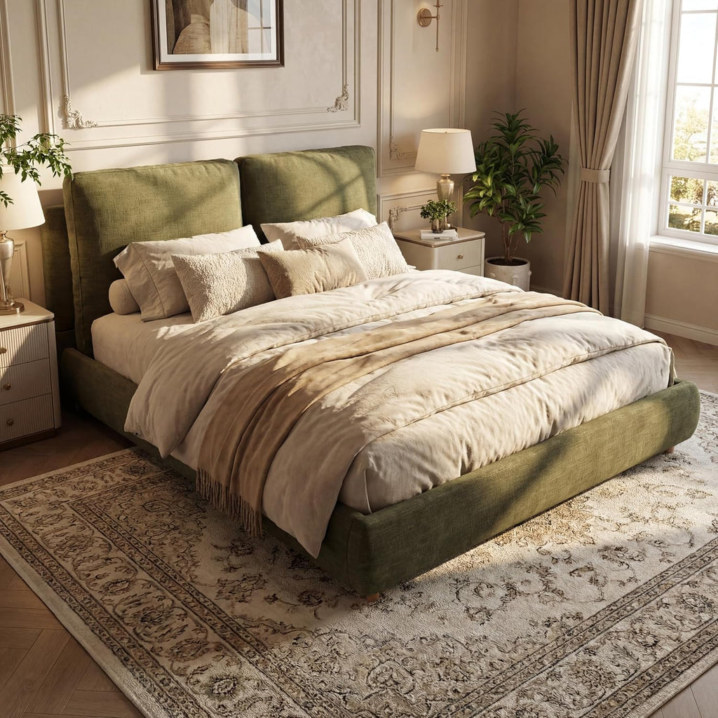 Merax Queen Linen Blend Platform Bed with 2 Headboard Pillows, Olive Green