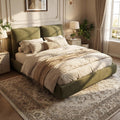 Merax Queen Linen Blend Platform Bed with 2 Headboard Pillows, Olive Green