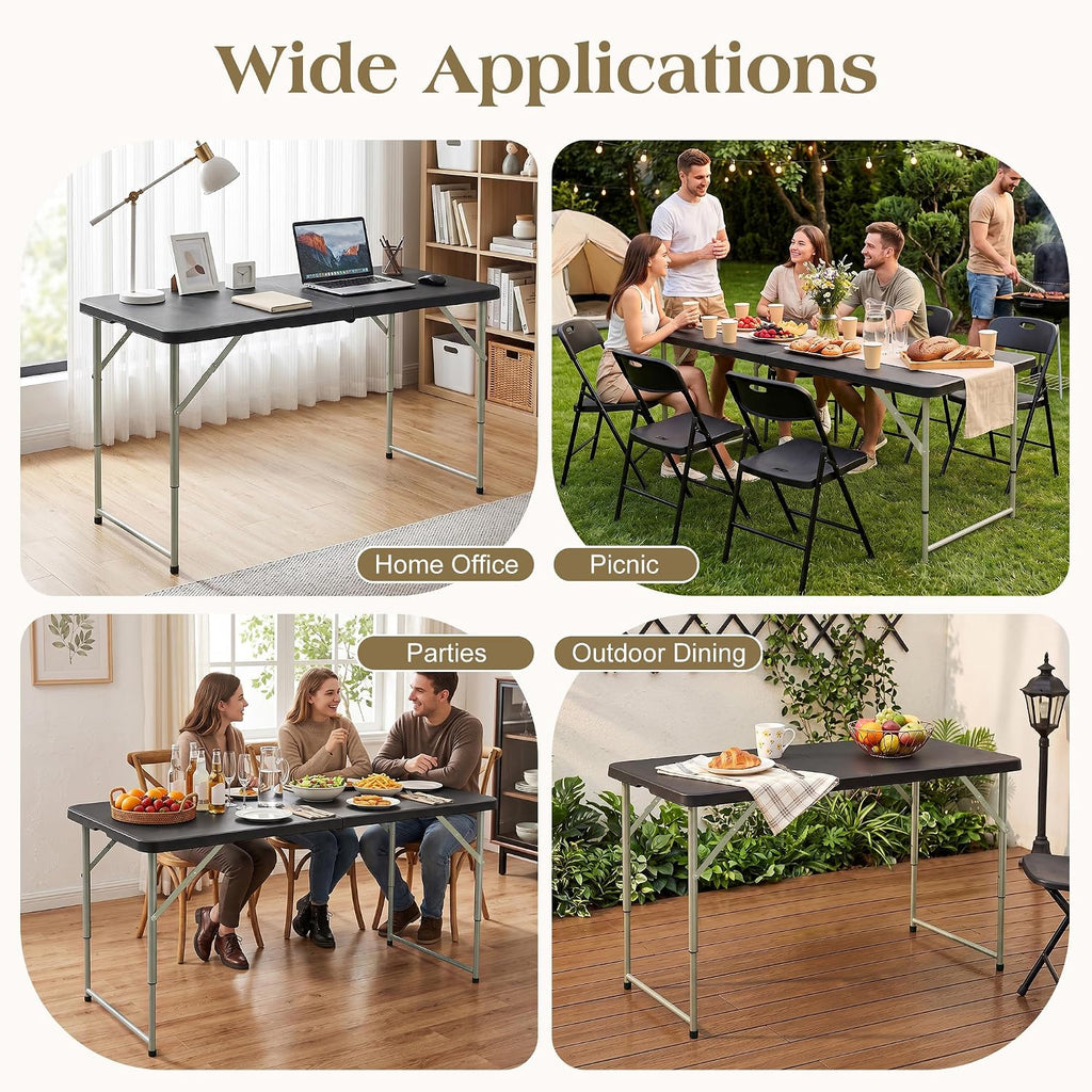 VECELO Folding Table 4 Ft, 3 Adjustable Height, Portable w/Handle, Black | Fold-in-Half, Heavy Duty, Space Saving, Plastic Utility Table, for Camping, Party, Dining, Indoor & Outdoor Use