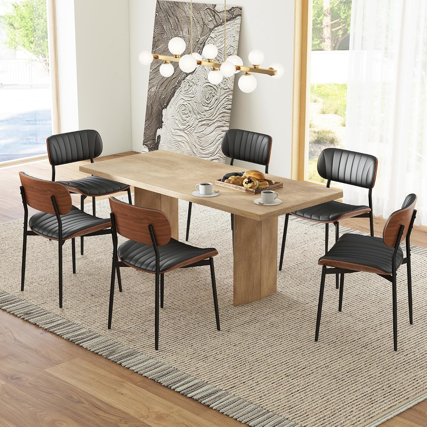 HENGJIANYI Bentwood Dining Chairs Set of 2, Modern PU Leather Dining Room Chairs with Metal Legs, Mid Century Upholstered Kitchen Chairs with Curved Back and Seat, Black
