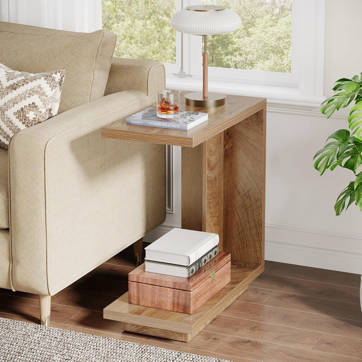 Tribesigns C-Shaped Side Table for Couch, 2-Tier C Table with Sturdy Pedestal, Industrial Sofa End Table for Living Room, Bedroom (Brown)
