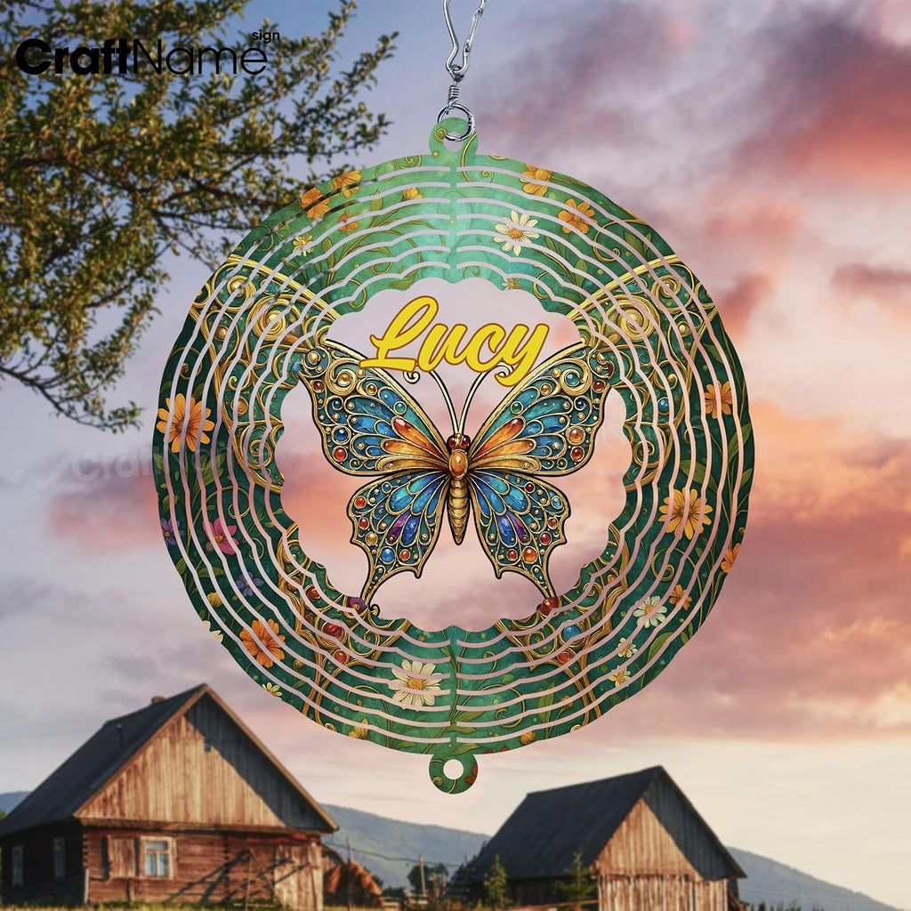 Personalized Butterfly Wind Spinner 3D Stainless Steel, Butterfly Garden Spinner Hanging Outdoor Decor, Wind Spinners Outdoor, Custom Gift for Grandmother, Mom, Wife