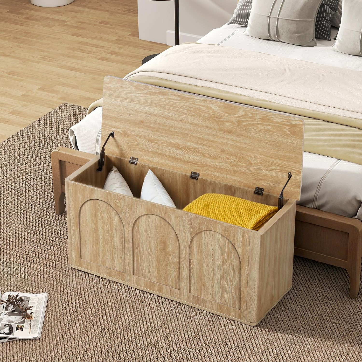 40''W 15''D Foot End of Bed Hidden Storage Bench with Lift Top Storage and Seating, Shoe Trunk Chest Bench Seat for Bedroom, Living Room, Entryway, Hallway, Under Window-Natural