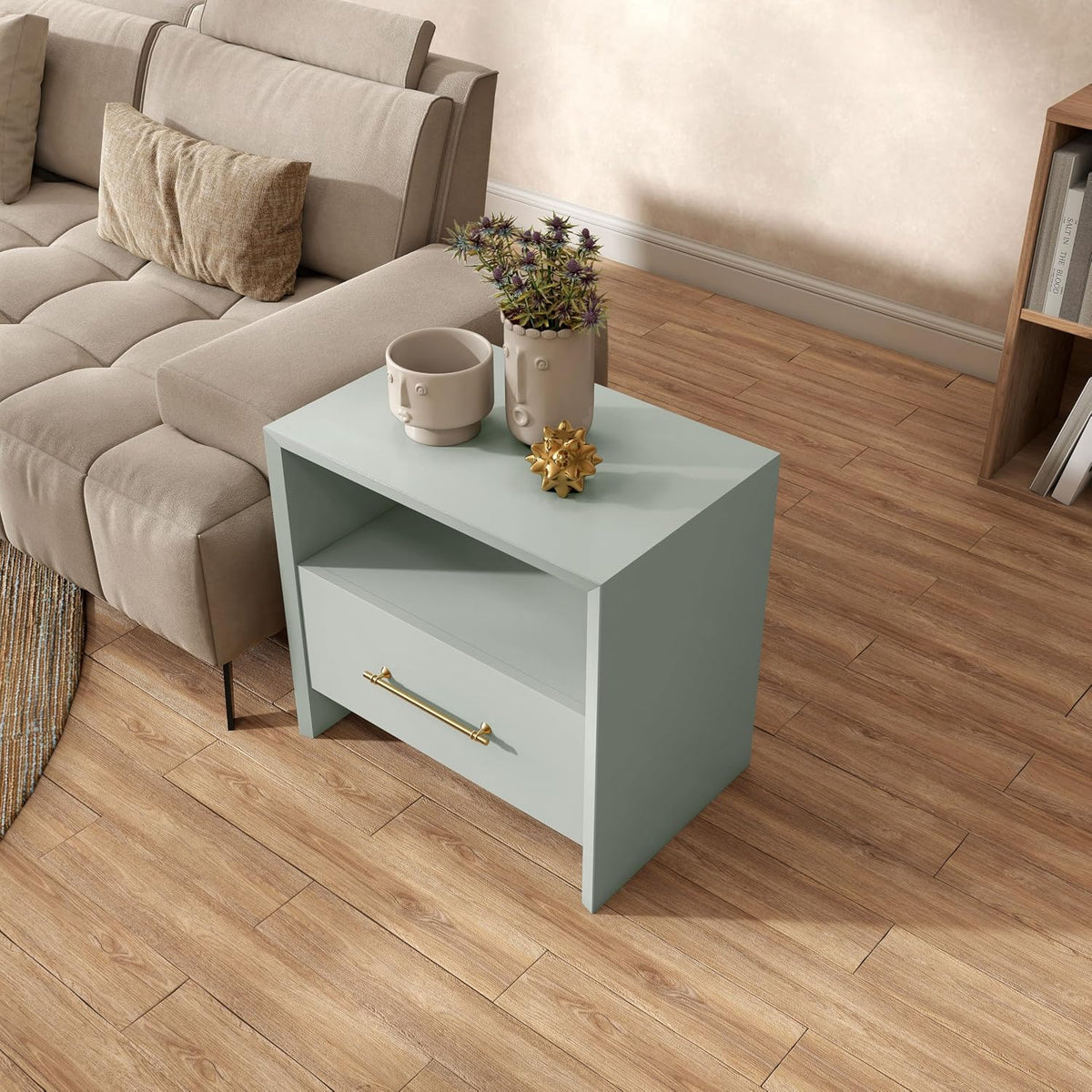 HOMES: Inside + Out Elle Modern 23-inch Rectangular End Table with Drawer and Open Shelf, Wooden Small Nightstand for Living Room, Home Office, Apartment, Small Spaces, Mint Green