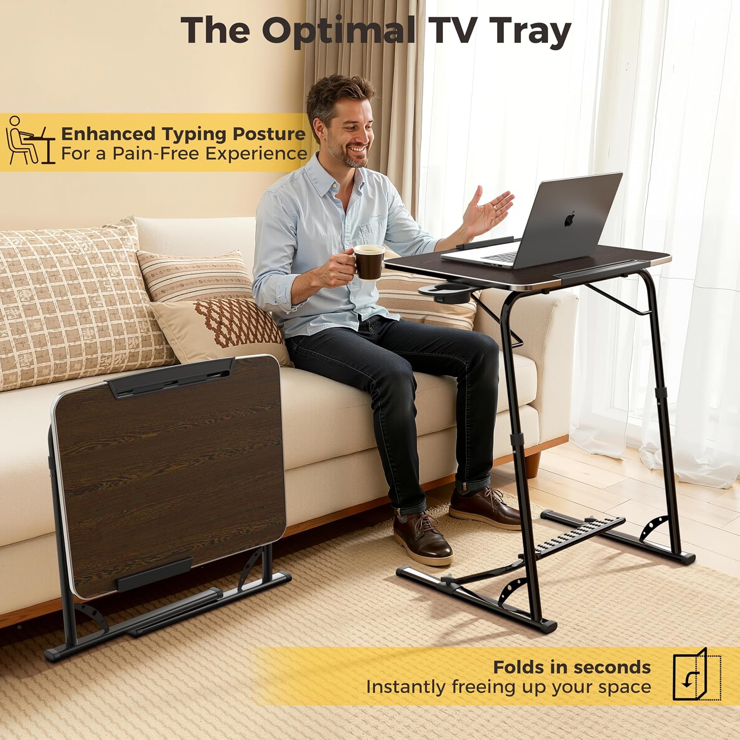 FoldWise Upgraded Folding TV Tray Table, Sturdy Couch & Dinner Laptop Table | Adjustable Height & Angle Portable Desk for Eating, Work & Recliner; Includes Footrest, Cup Holder, iPad Holder, Edge Stopper