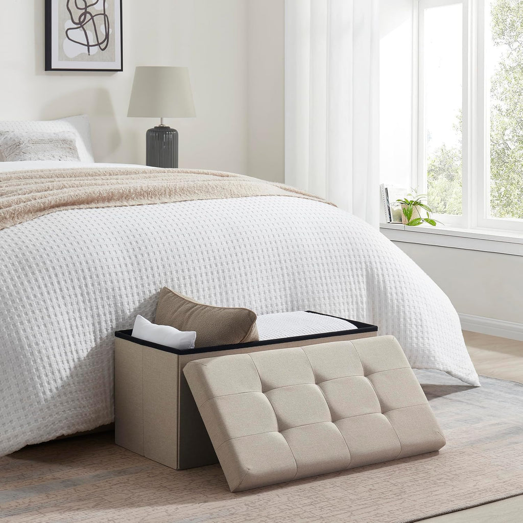Ornavo Home 30 Inch Folding Storage Ottoman Bench, Tufted Linen, Beige | Upholstered Large Ottoman with Lid; Foot Rest Stool; Ideal for Bedroom, Living Room or Entryway