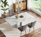White Faux Marble Dining Room Table Set for 4, 5-Piece 63"-78.74" Extendable Dining Table Set with 4 Chairs, Rectangle Wooden Expanding Kitchen Table and Grey Upholstered Chairs Set