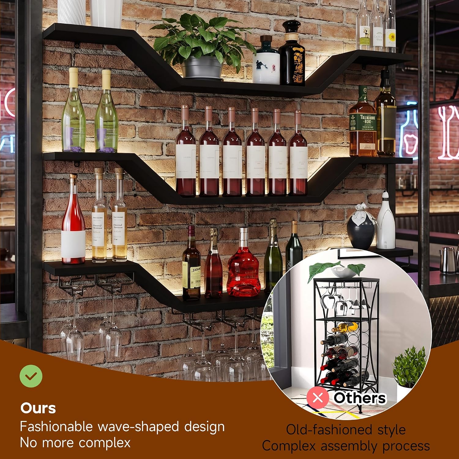 39.4in 3-Tier Floating Metal Wine Rack, Modern Wall Mounted Wine Shelf with LED Lights & Wine Glass Rack, Large Hanging Liquor Shelf Wall Mounted for Bar Home Dining Room Cafe Decorative, Black
