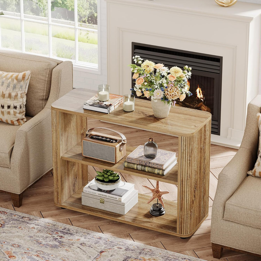 Tribesigns Narrow Side Table, 3-Tier End Table for Living Room, Small Fluted Nightstand with Storage Shelves, Farmhouse Bedside Table for Bedroom, Small Spaces, Sofa Couch, Natural