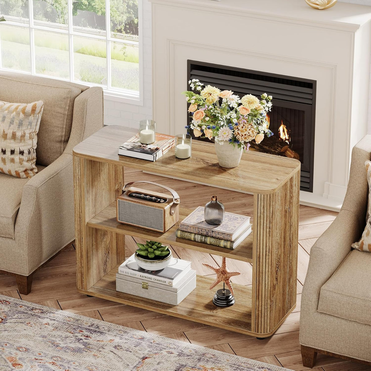 Tribesigns Narrow Side Table, 3-Tier End Table for Living Room, Small Fluted Nightstand with Storage Shelves, Farmhouse Bedside Table for Bedroom, Small Spaces, Sofa Couch, Natural