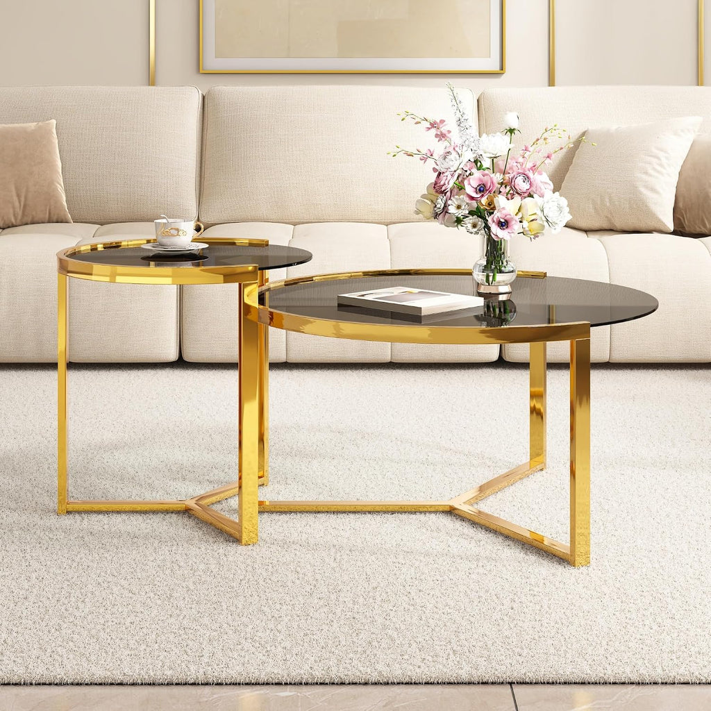 31.5" Gold Round Nesting Coffee Table Set of 2, Modern Tempered Glass Cocktail Tables with Sturdy Metal Frame, Glam Accent Side Tables for Living Room, Black