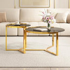 31.5" Gold Round Nesting Coffee Table Set of 2, Modern Tempered Glass Cocktail Tables with Sturdy Metal Frame, Glam Accent Side Tables for Living Room, Black