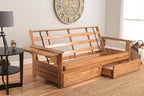 Kodiak Phoenix Wooden Futon Sofa Bed with Storage Drawers, Full Size Futon Couch Bed and Futon Frame and Linen Charcoal Mattress Included, Butternut