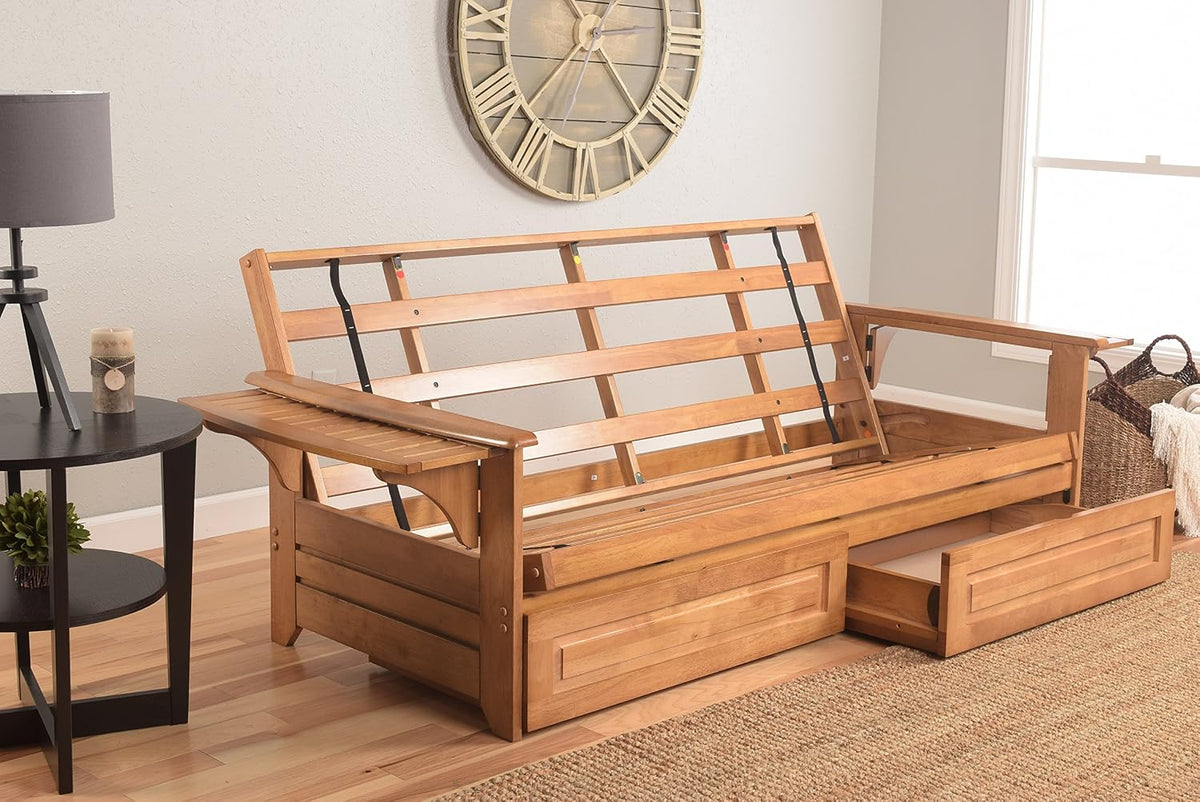 Kodiak Phoenix Wooden Futon Sofa Bed with Storage Drawers, Full Size Futon Couch Bed and Futon Frame and Linen Charcoal Mattress Included, Butternut