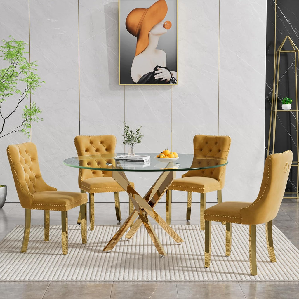 5 Piece Round Glass Dining Table Set for 4, 47" Round Dining Table & Chair Set Modern Circle Glass Kitchen Table and 4 Velvet Upholstered Chairs for Kitchen Dining (Gold Table & Gold Chair)