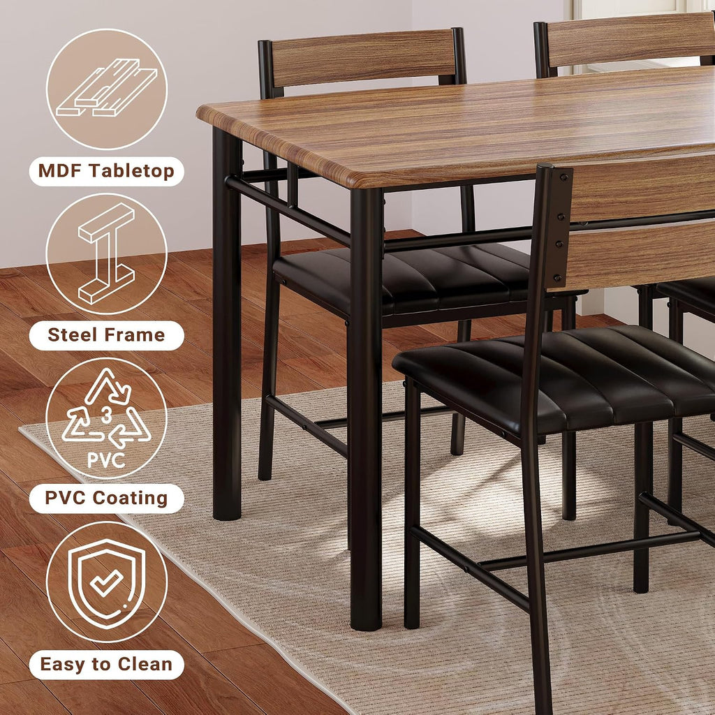 IRONCK Dining Table Set for 4, Walnut | Wood Kitchen Table with Upholstered Chairs for Kitchen Room and Small Spaces