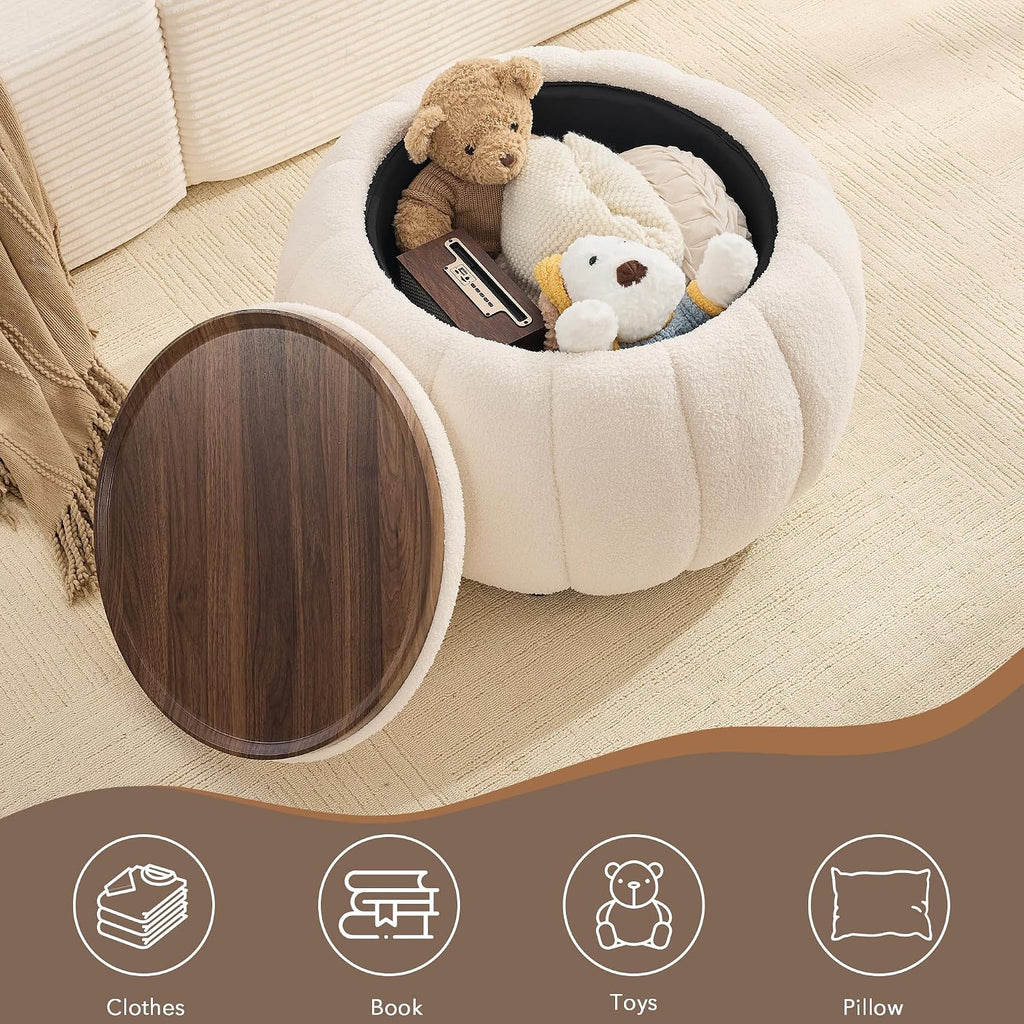 30 Inch Round Storage Ottoman Coffee Table for Living Room, Bedroom | Teddy Fabric , Anti-Slip Lid, ottoman foot rest, Pumpkin Shape