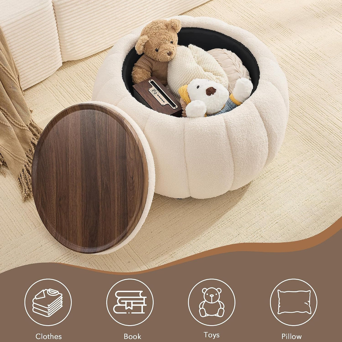 30 Inch Round Storage Ottoman Coffee Table for Living Room, Bedroom | Teddy Fabric , Anti-Slip Lid, ottoman foot rest, Pumpkin Shape