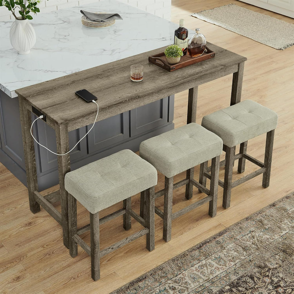 KEIKI 4-Piece Bar Table Set with Charging Station - 59" Industrial Kitchen Table & 3 Upholstered Stools, USB/Type-C/AC Outlets, Solid Wood Frame - for Dining Room, Apartment, Living Room (Brown)