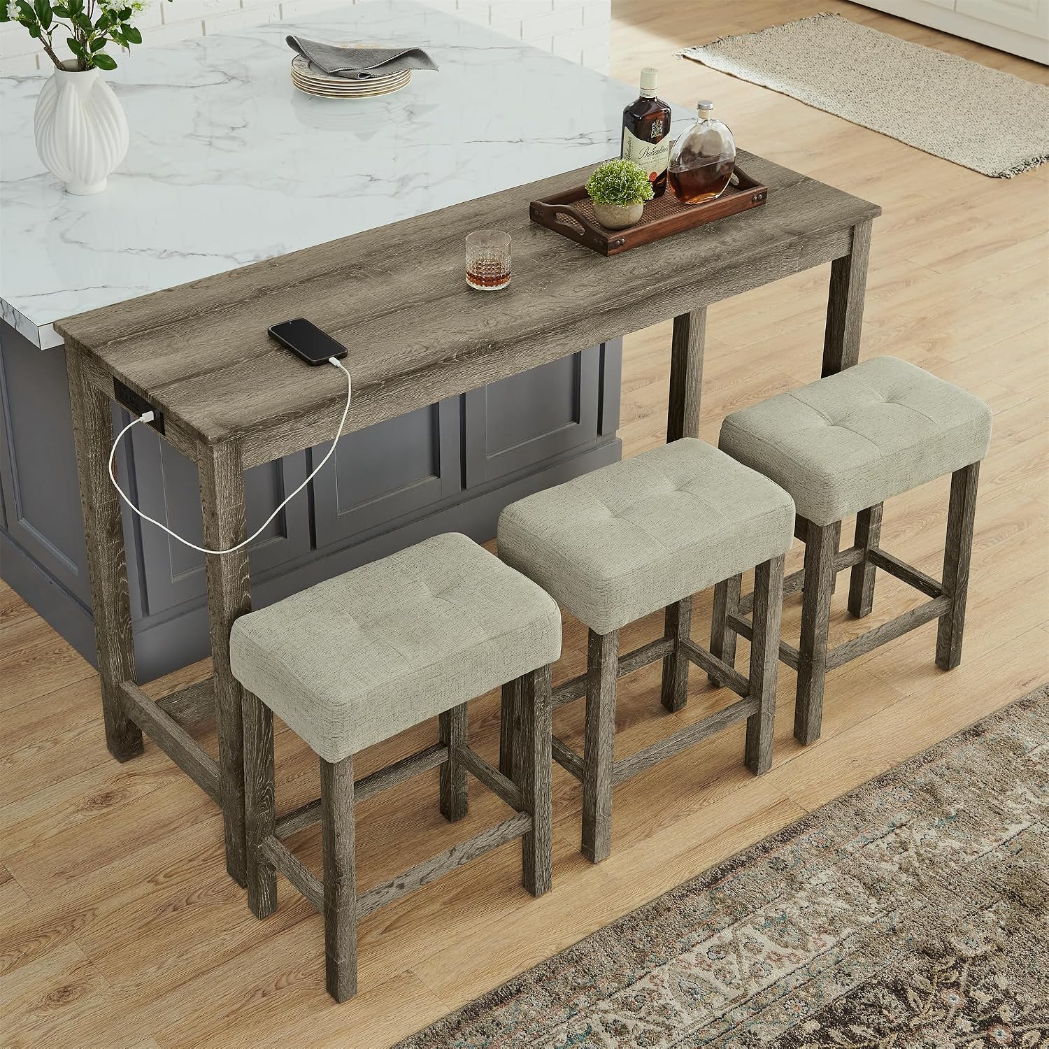 KEIKI 4-Piece Bar Table Set with Charging Station - 59" Industrial Kitchen Table & 3 Upholstered Stools, USB/Type-C/AC Outlets, Solid Wood Frame - for Dining Room, Apartment, Living Room (Brown)