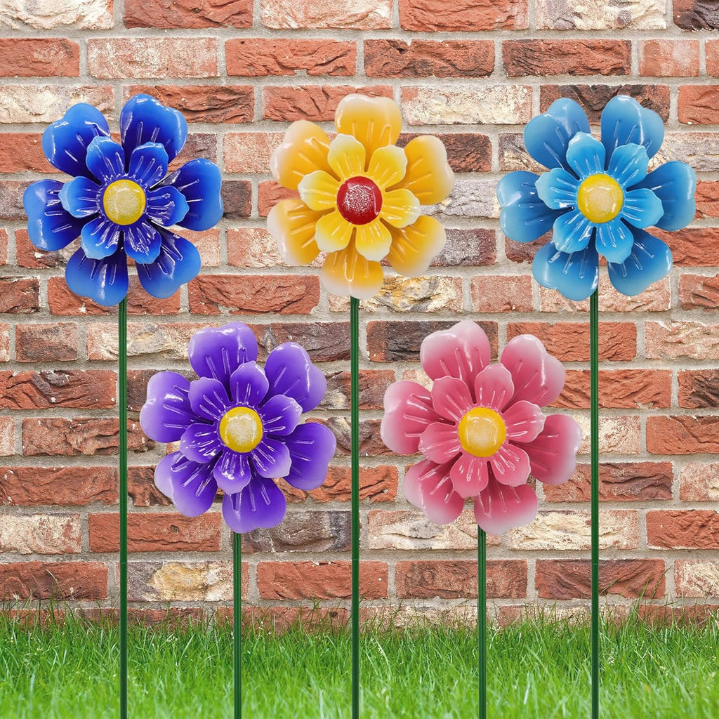 Metal Flower Wind Spinner Garden Lawn Stakes Yard Art, 27 Inch Windmill Outdoor Garden Iron Handicraft Lawn Ornament, Outside Front Metal Yard Art Decor, 5 pieces Outdoor Front Porch Patio Decorations