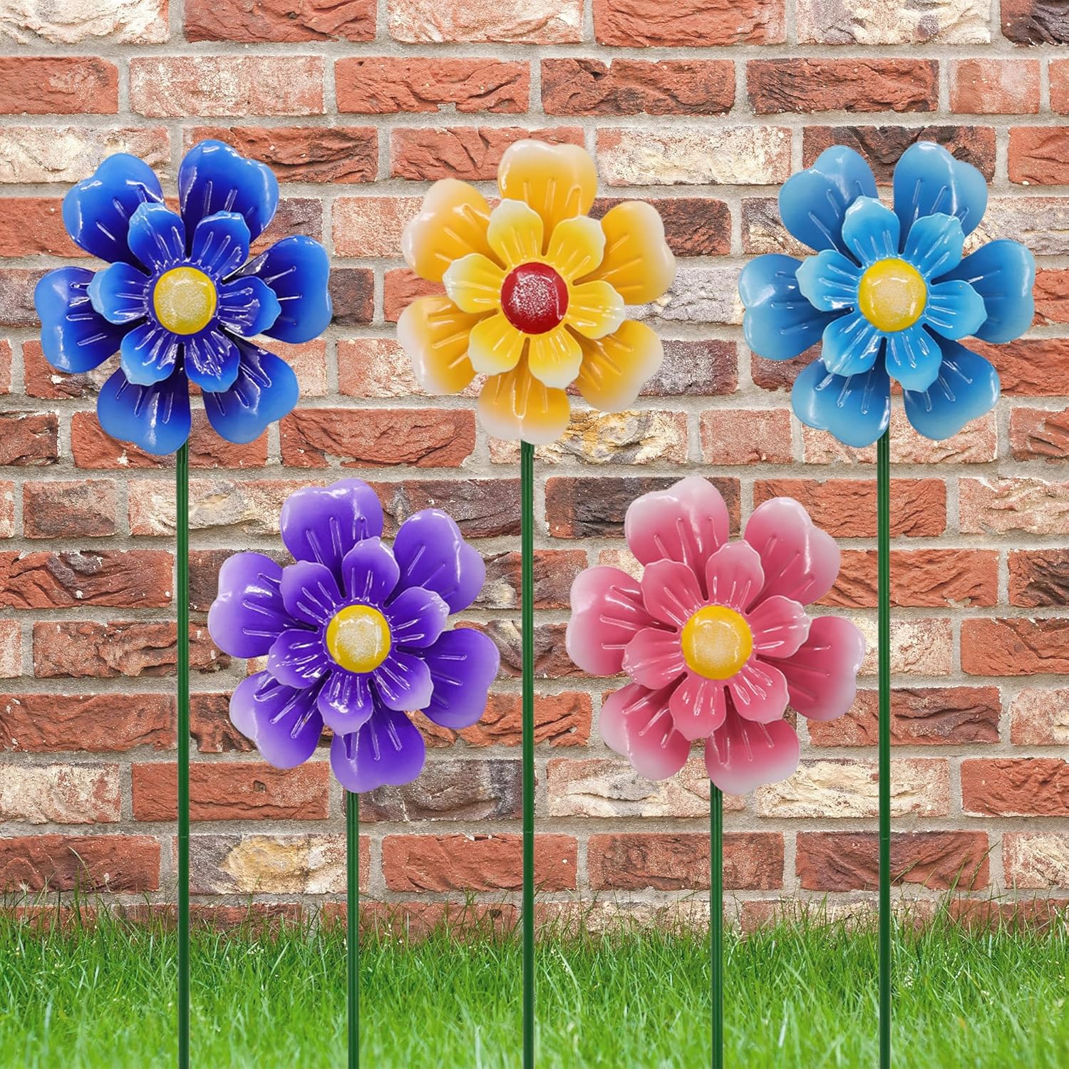Metal Flower Wind Spinner Garden Lawn Stakes Yard Art, 27 Inch Windmill Outdoor Garden Iron Handicraft Lawn Ornament, Outside Front Metal Yard Art Decor, 5 pieces Outdoor Front Porch Patio Decorations