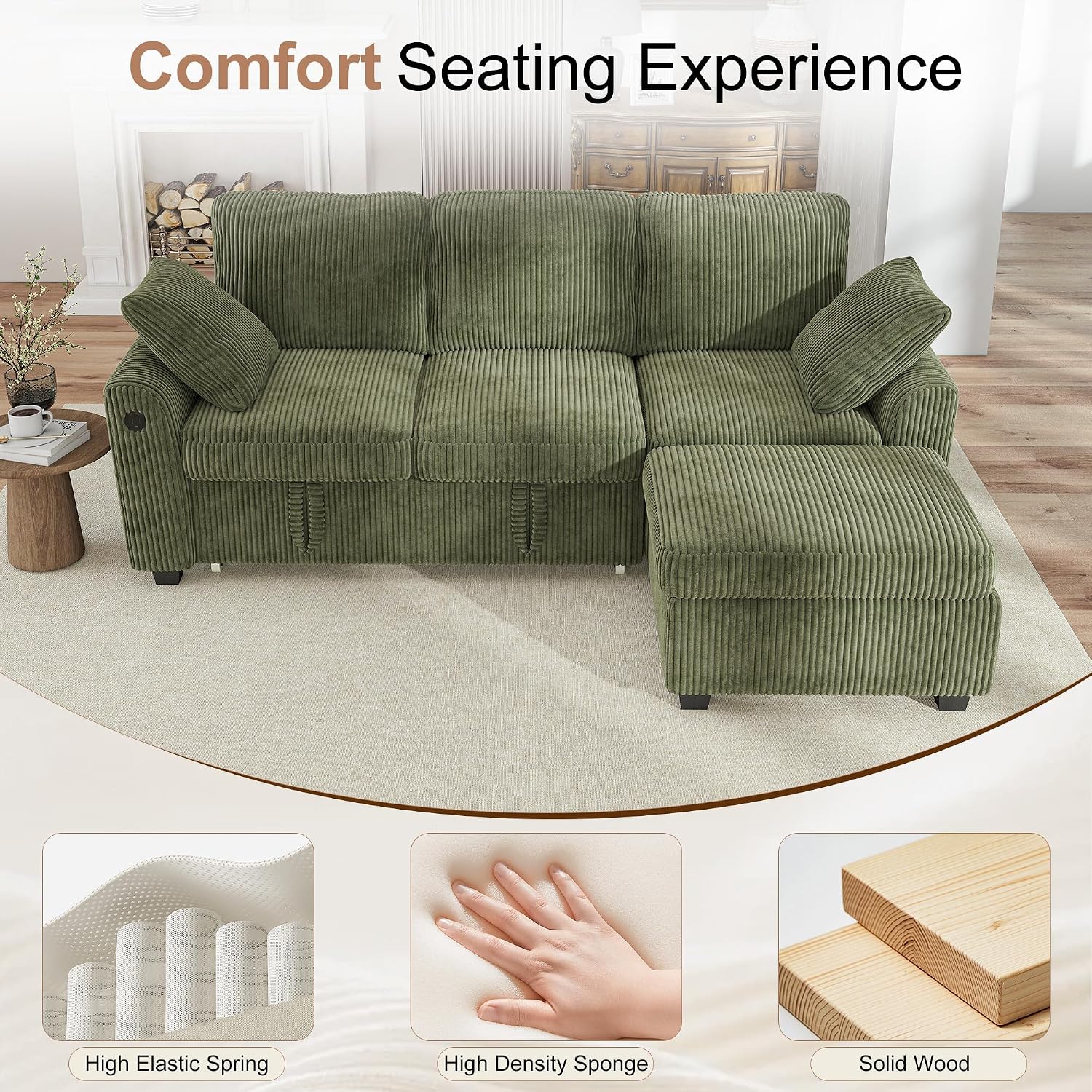 Hanherry 81" Sectional Couch with Pull Out Bed,3 Seat Corduroy Sleeper Sofa with Storage Ottoman & USB Charging,Comfy L Shaped Modular Couches for Living Room,Apartment