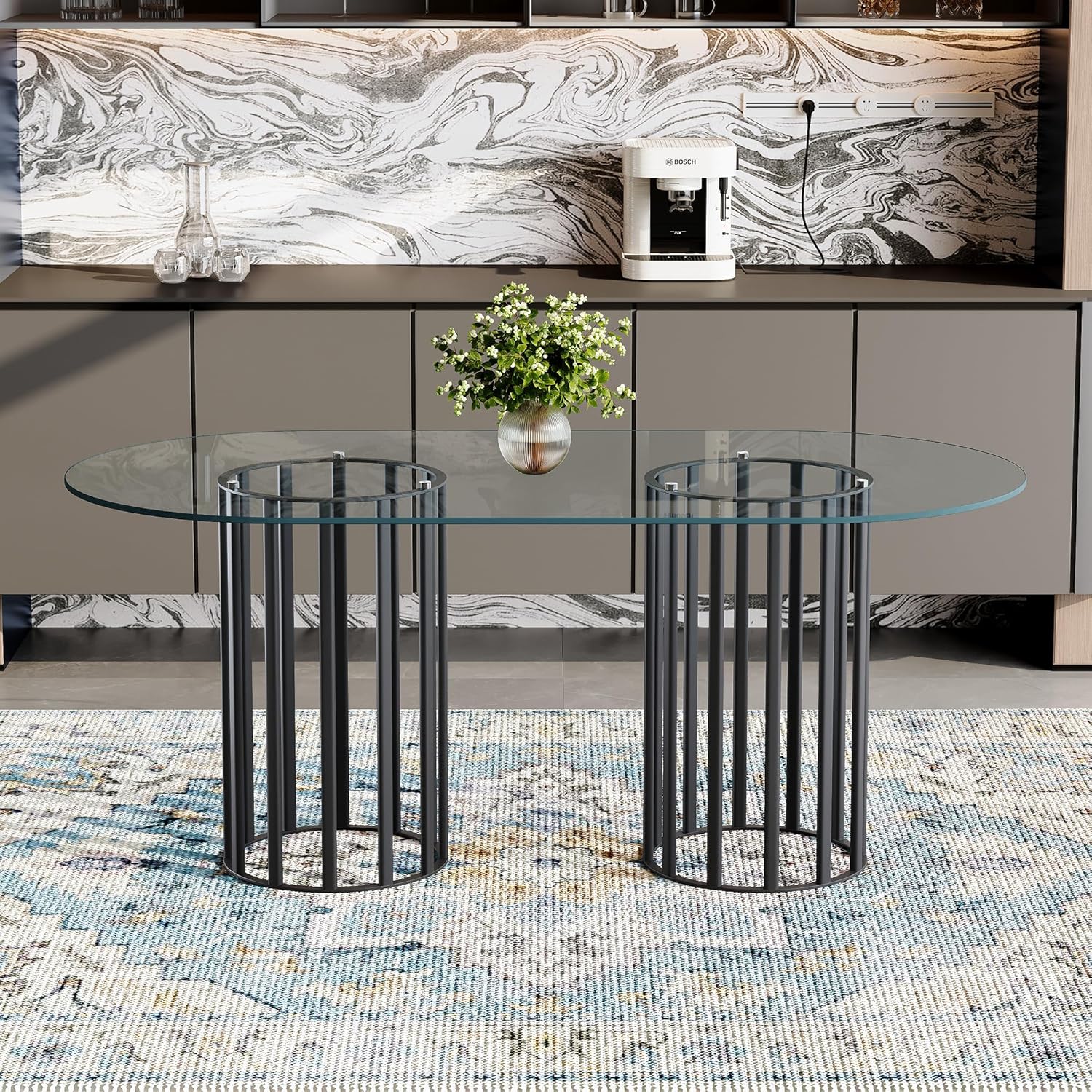 Oval Tempered Glass Dining Table for 4-8 People, 71'' Tall Kitchen Tables for Small Spaces, Modern Dinning Room Furniture, Metal Pillar Base, for Living Room, Kitchen, Dining Room, Black