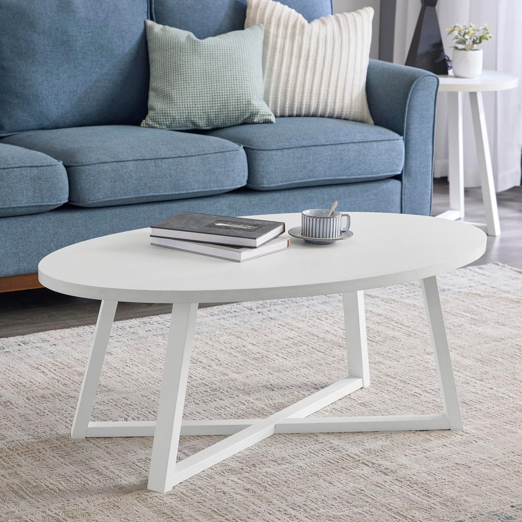 Coffee Table Set 3-Piece Oval Wood Modern | Modern 3-piece set includes oval coffee table and two round end tables. Durable MDF tops with solid rubberwood legs for