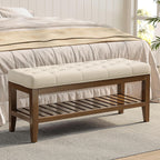 REONEY 43" End of Bed Bench, Upholstered Bedroom Storage Ottoman Bench, Entryway Shoe Bench, Padded Window Seat with Solid Wood Legs, for Living Room, Hallway, Beige Linen