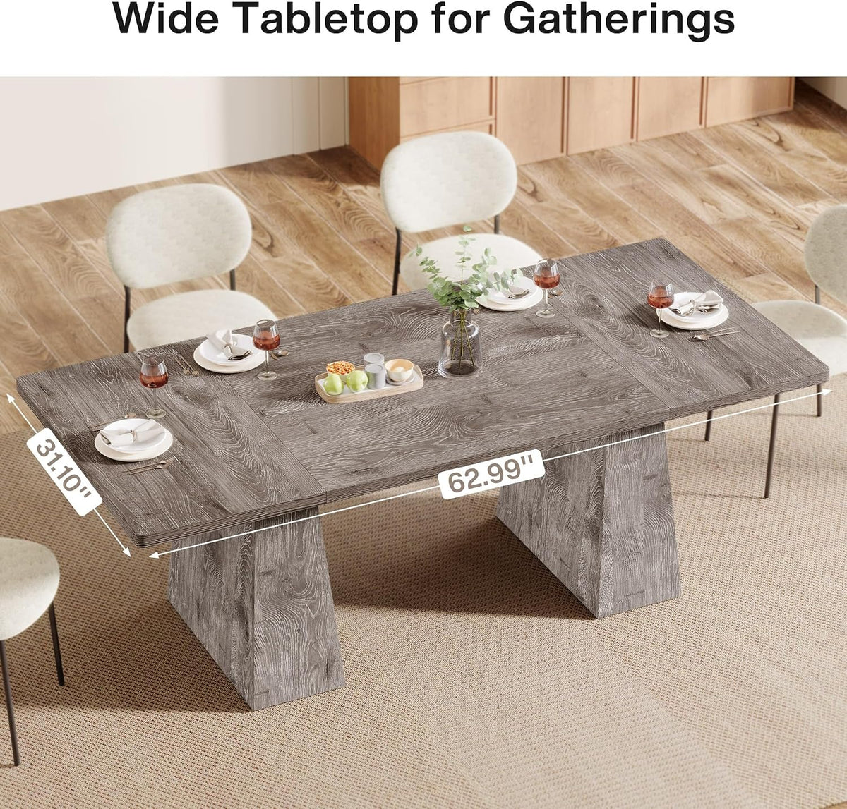 Tribesigns Dining Table for 6, Farmhouse Wood Dinner Rectangular Table Kitchen Table with Double Pedestal, 63" L x 31.5" W x 30" H, Grey