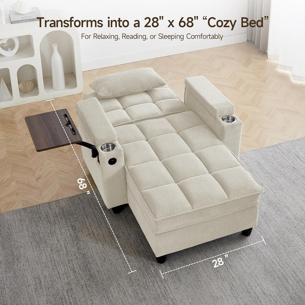 Oversized Recliner Chair with Swivel Tray Table, Modern Tufted Linen Fabric Single Sofa with Cup Holders & USB Port, 660 LBS Heavy Duty Reclining Chair for Living Room & Bedroom (White, 41.7'')