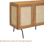 NTC MOSSIC Modern Large Sideboard with 2 Doors 3 Drawers, Natural Rattan Storage Cabinet, Buffet with Metal Legs, Boho Accent Cabinet for Living Room, and Entryway, Effortless Assembly, Teak Look