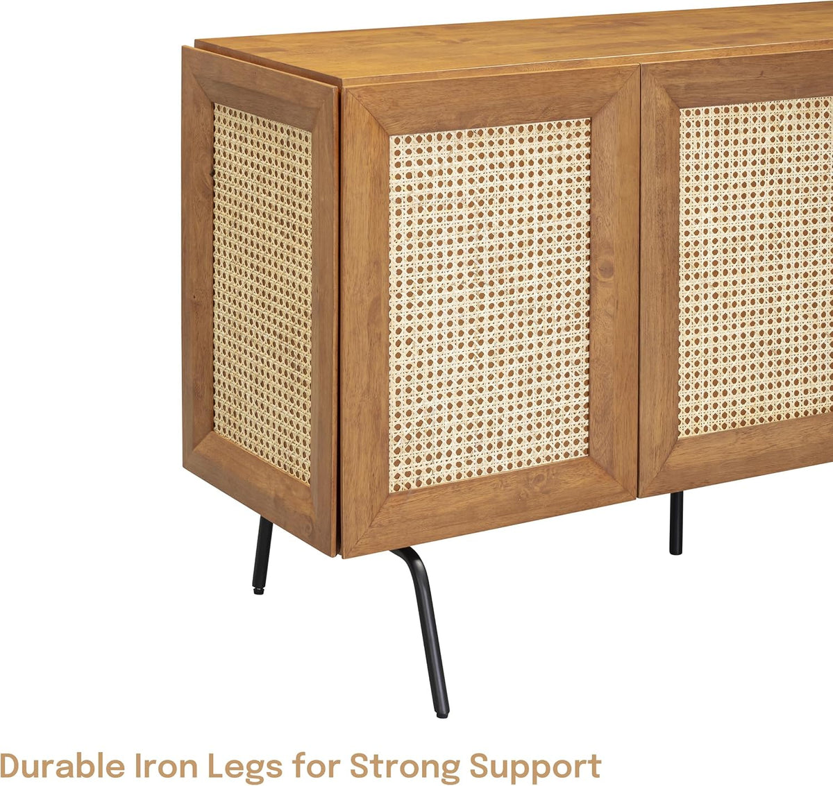 NTC MOSSIC Modern Large Sideboard with 2 Doors 3 Drawers, Natural Rattan Storage Cabinet, Buffet with Metal Legs, Boho Accent Cabinet for Living Room, and Entryway, Effortless Assembly, Teak Look