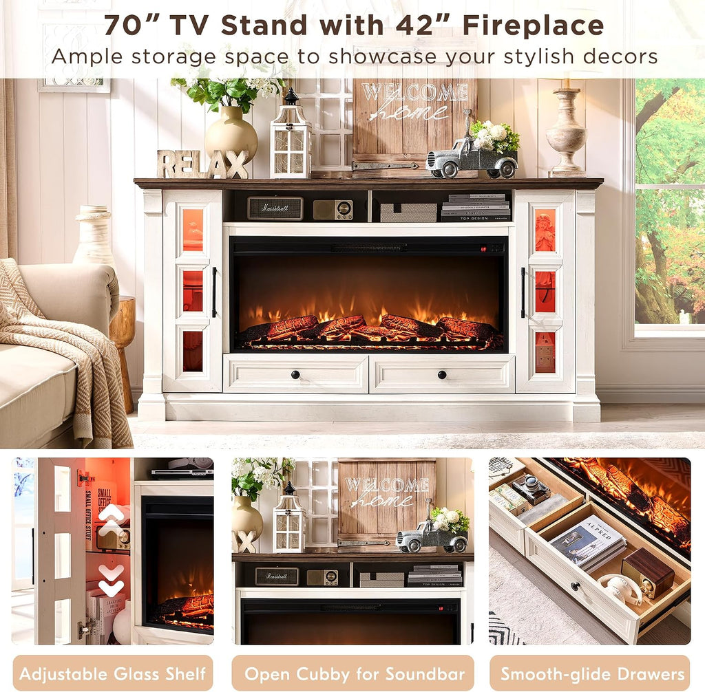 OKD 70" Farmhouse TV Stand with 42" Electric Fireplace, Antique White | 36" Tall, Glass Door Side Cabinets with LED, Open Cubby, Storage Drawers, Cable Management, Media Console for Living Room