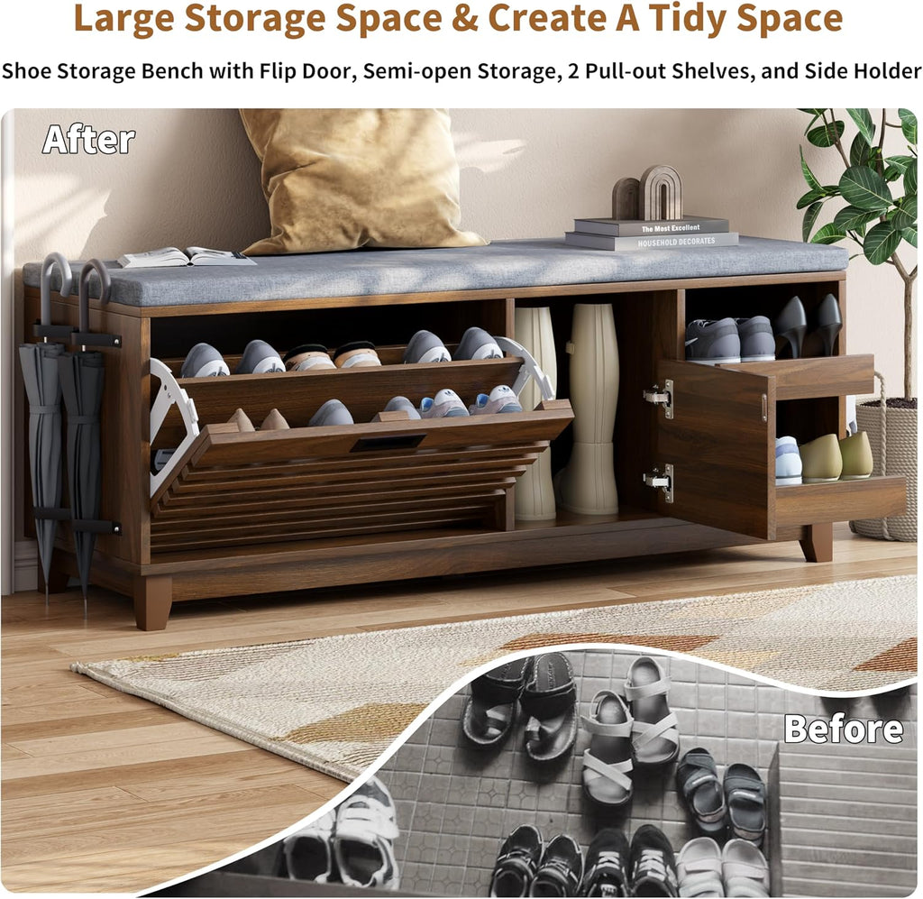 Gyfimoie 2-Tier Shoe Storage Bench,47" Entryway Bench with 2 Flip Drawers & Padded Seat Cushion, Walnut Shoe Bench with Adjustable Shelves & Sliding Doors,Storage Bench for Entryway,Hallway,Bedroom