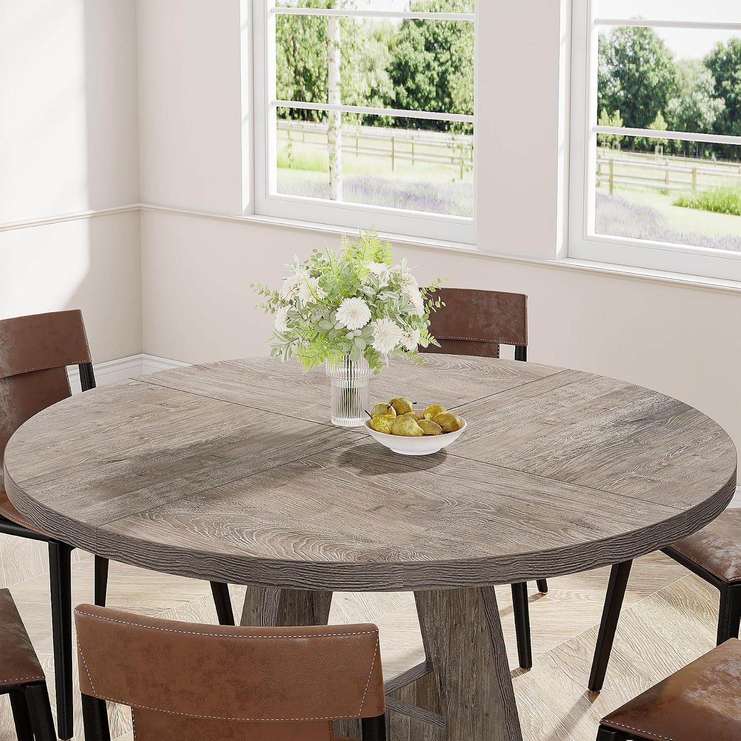 Tribesigns 47 inch Round Dining Table Wood Kitchen Table for Dining Room, 47" Dinner Room Tables for 4-6, Farmhouse Accent Furniture with Wooden Tabletop and Cross Base, Rustic Grey | for Dining Room